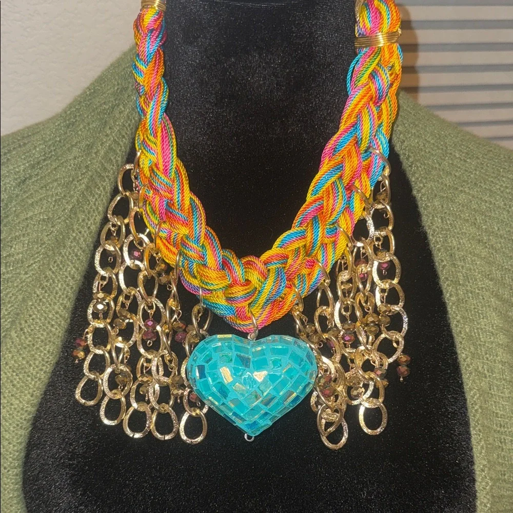 Braided Rainbow Love Statement Necklace with Gold Tone Accents-NWT!! - Picture 3 of 6